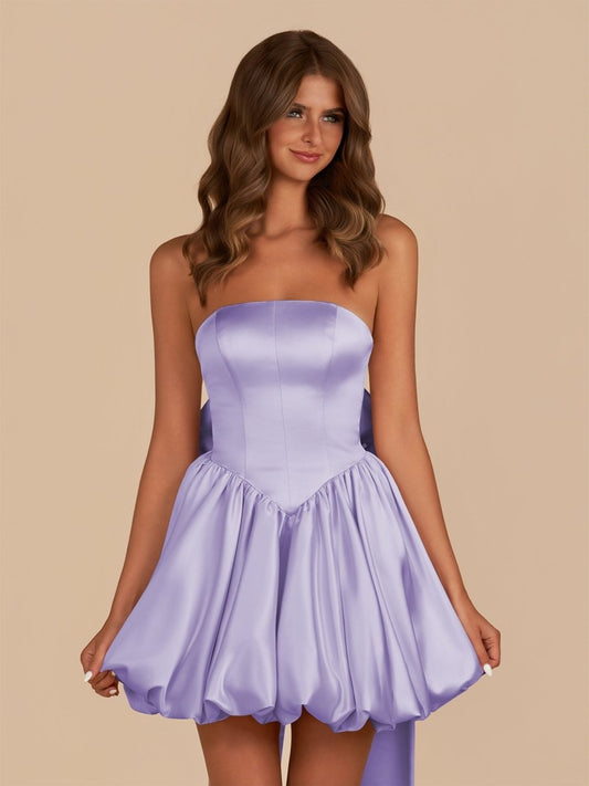Raelee | Lavender - Strapless A Line Satin Short Homecoming Dress With Bow