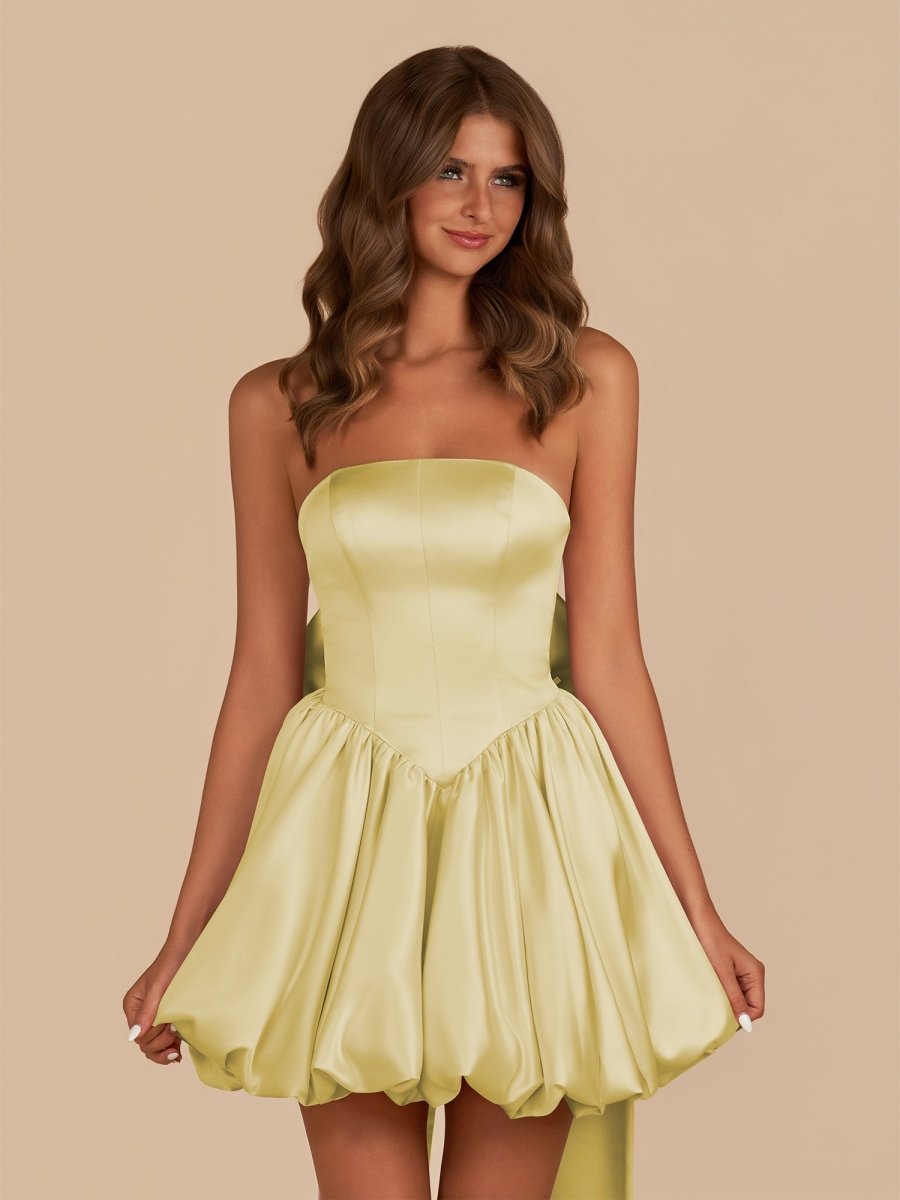 Raelee | Yellow - Strapless A Line Satin Short Homecoming Dress With Bow