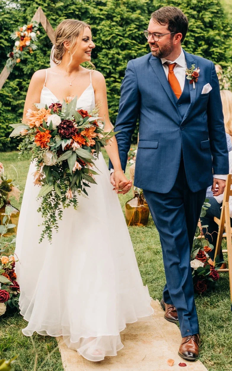 Romantic Spaghetti V-neck A-Line Satin Wedding Dress With Open Back