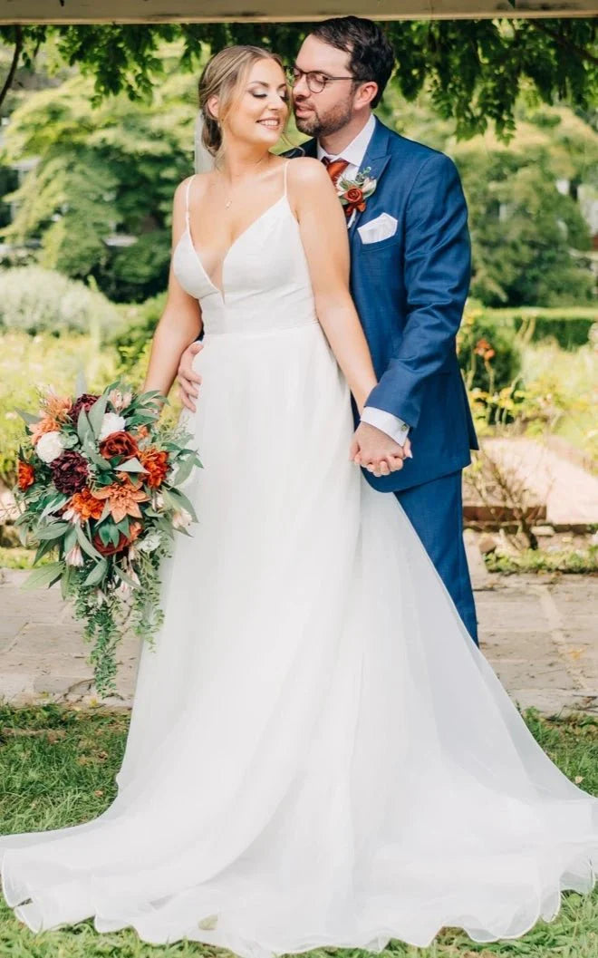 Romantic Spaghetti V-neck A-Line Satin Wedding Dress With Open Back