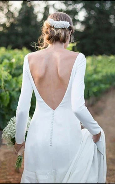 Simple Chiffon Sheath Bateau-neck Deep-V Back Bridal Gown with Chapel Train
