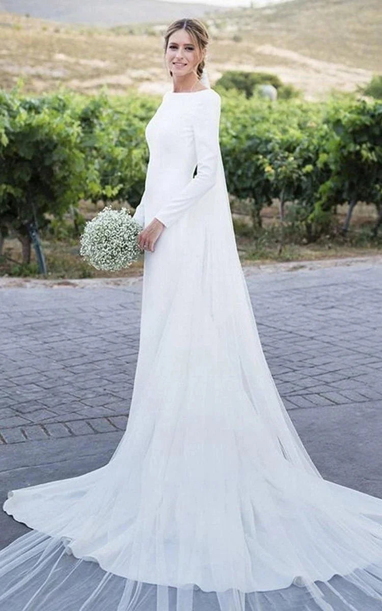 Simple Chiffon Sheath Bateau-neck Deep-V Back Bridal Gown with Chapel Train