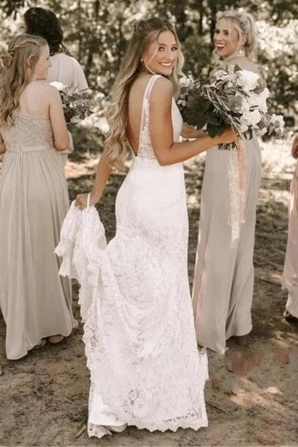 Simple Lace Sleeveless Deep-V Back Bridal Gown with Sweep Train