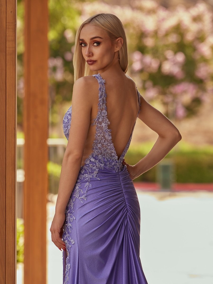 Solstice | Charming Mermaid V Neck Sage Green Slit Prom Dresses with Appliques