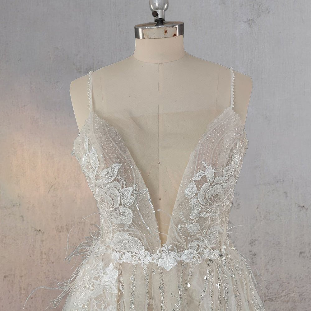 Spaghetti Straps Appliqued Lace Wedding Dress with Feathers