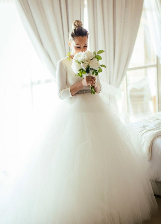 Spandex 3/4 Sleeves Covered-Button Wedding Dresses with Rhinestones Belt