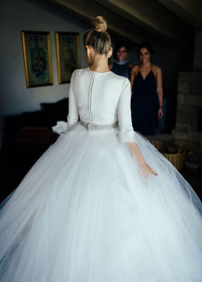 Spandex 3/4 Sleeves Covered-Button Wedding Dresses with Rhinestones Belt