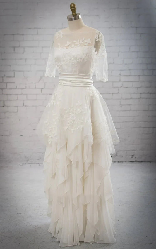 Stunning Illsion Neck Half-sleeved Ruffled Dress With Removable Embriodery Peplum