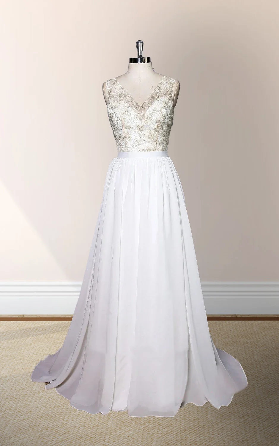 V-Neck Sleeveless Chiffon Wedding Dress With Golden Lace Bodice