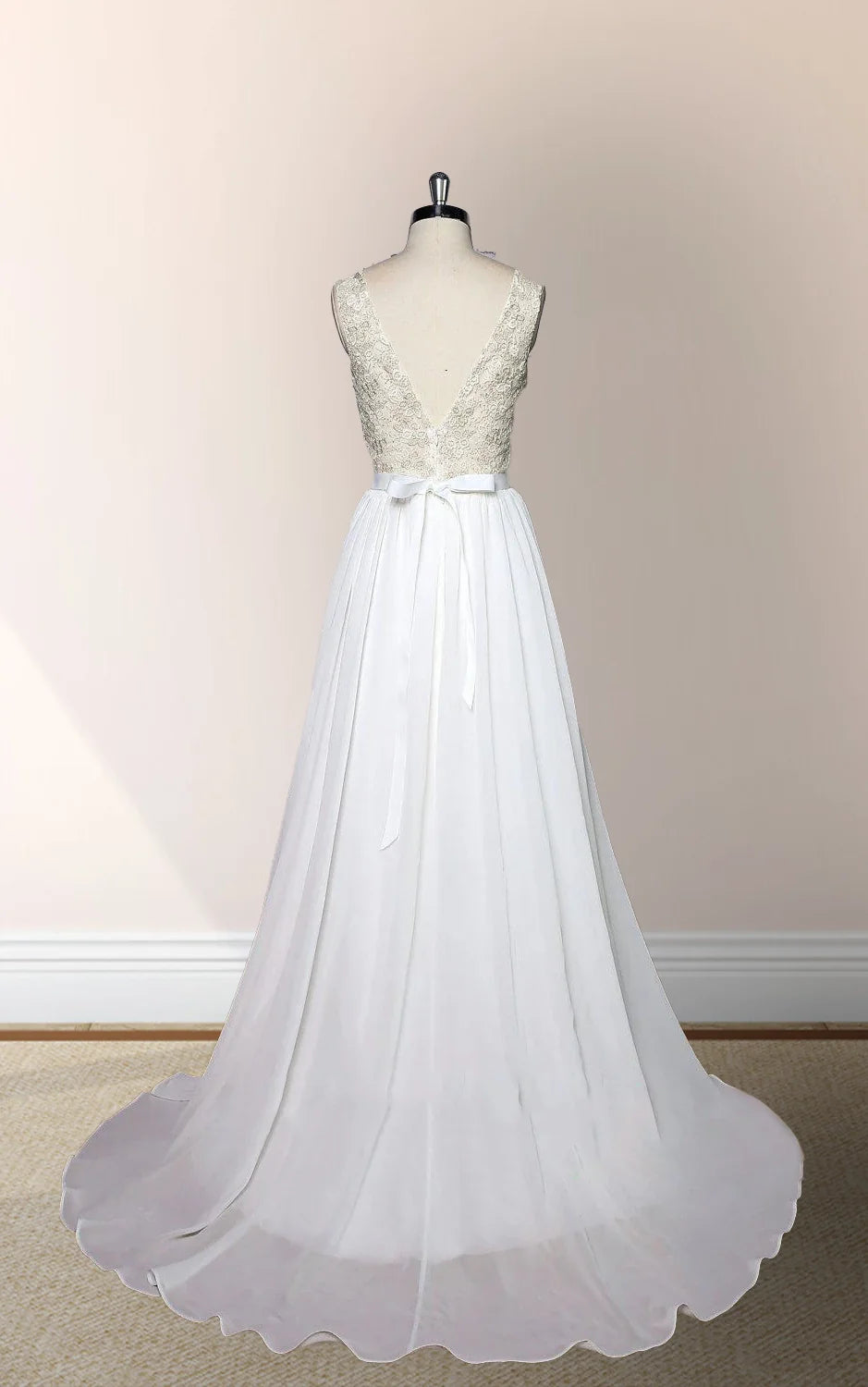 V-Neck Sleeveless Chiffon Wedding Dress With Golden Lace Bodice
