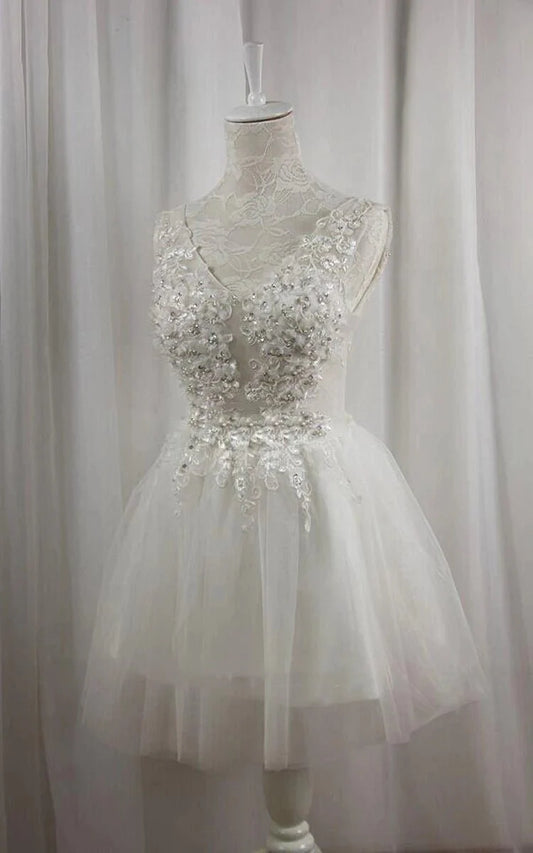 Short V-Neck Tulle Satin A-Line Wedding Dress