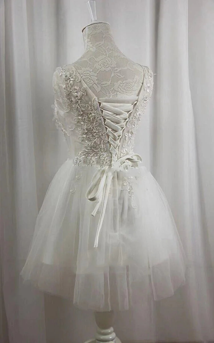 Short V-Neck Tulle Satin A-Line Wedding Dress