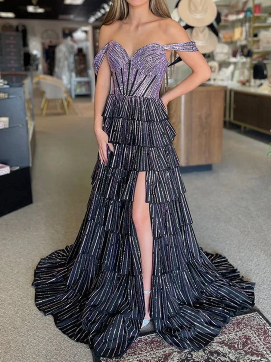 Verve | A Line V Neck Satin Tiered Long Prom Dresses With Beads