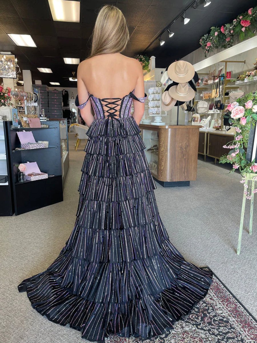 Verve | A Line V Neck Satin Tiered Long Prom Dresses With Beads