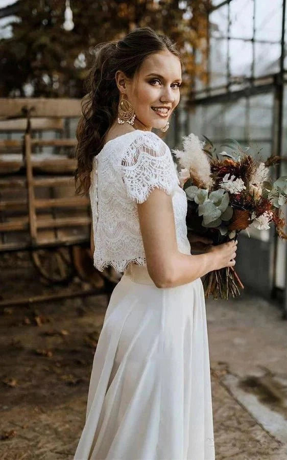 Vintage Boho Two-Piece Bateau Satin and Lace Short Sleeve Wedding Dress with Pleats and Sweep Train