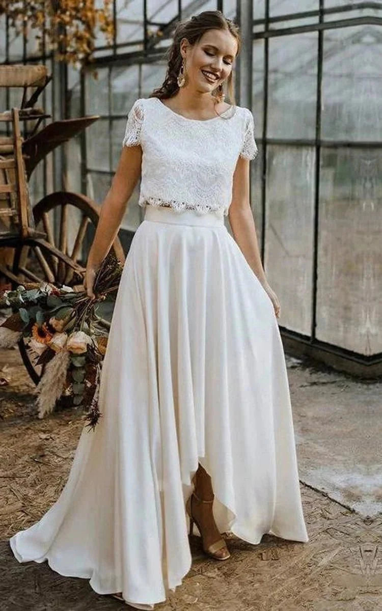 Vintage Boho Two-Piece Bateau Satin and Lace Short Sleeve Wedding Dress with Pleats and Sweep Train
