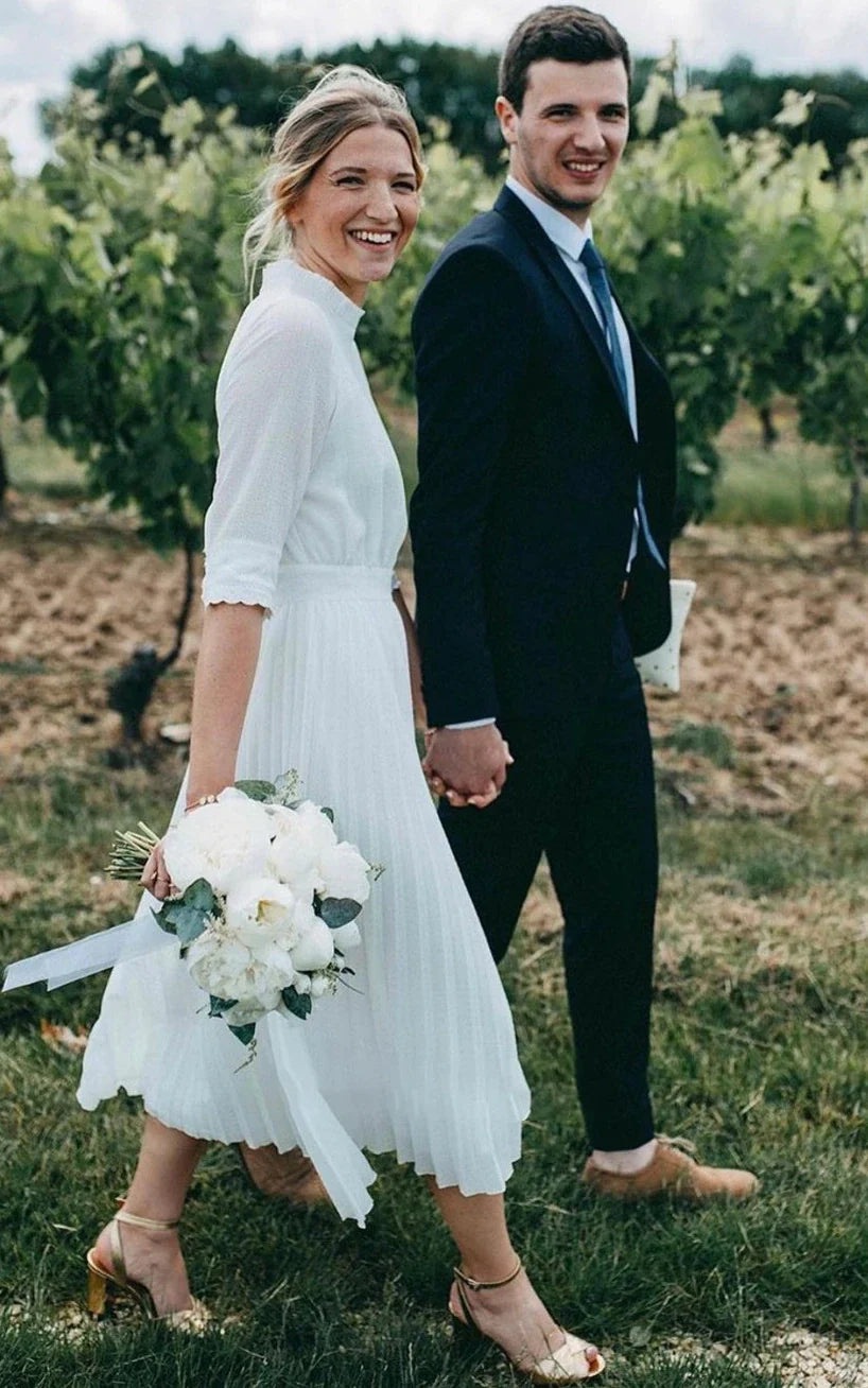 Vintage Modest Long Sleeve Wedding Dress with Pleats Simple Tea-length A-Line High Neck