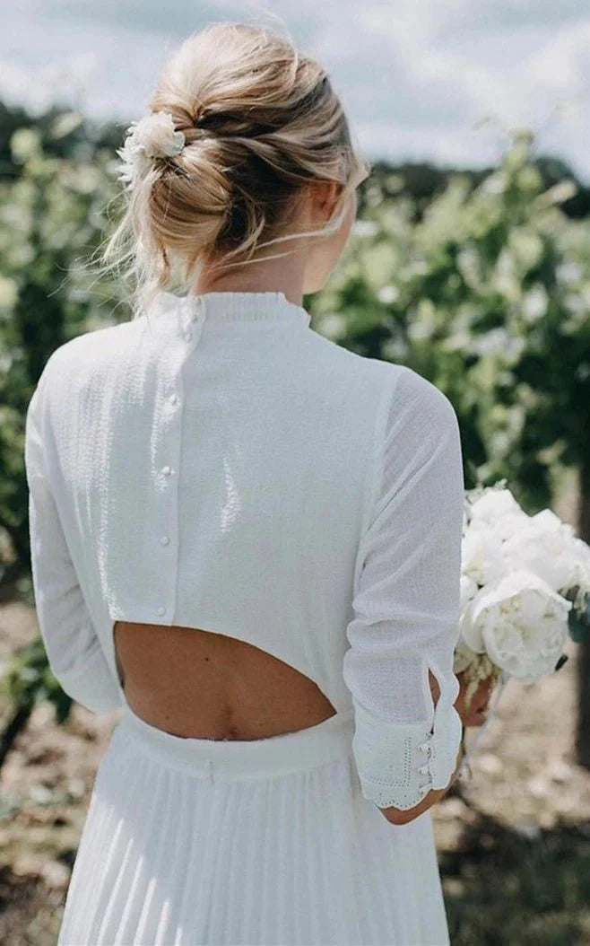 Vintage Modest Long Sleeve Wedding Dress with Pleats Simple Tea-length A-Line High Neck