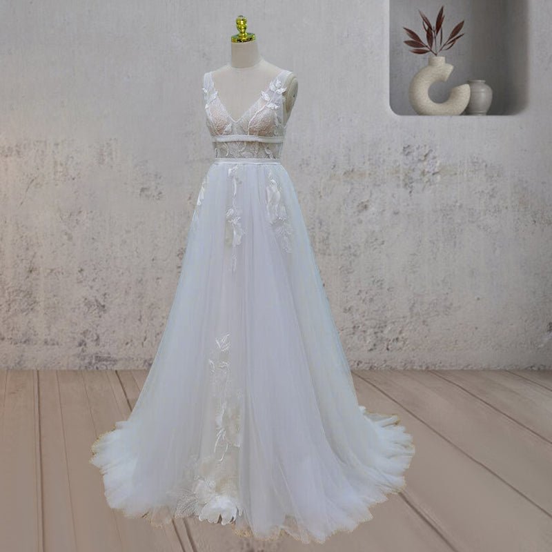 White A-Line V Back Lace Wedding Dress with Train