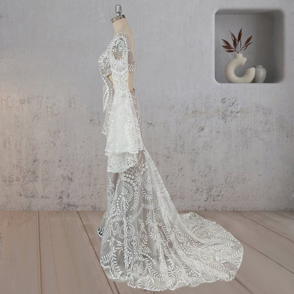 White Mermaid Enchantment Flower Prints Wedding Dress